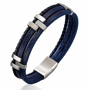 Milano Fusion Blue – Gevlochten leren armband van roestvrij staal