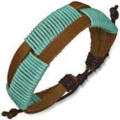 Leren armband met turquoise katoenen vlecht