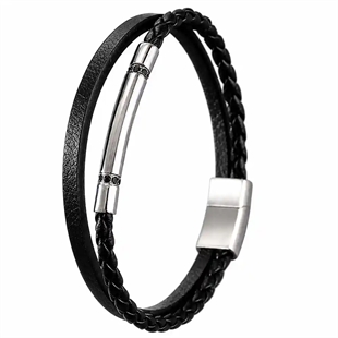 Atlas – Zwarte leren herenarmband met glanzende stalen details