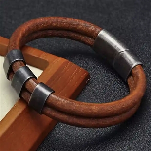 Bruine herenarmband in fiberleer met vintage staal en magneetsluiting – 6 mm banden