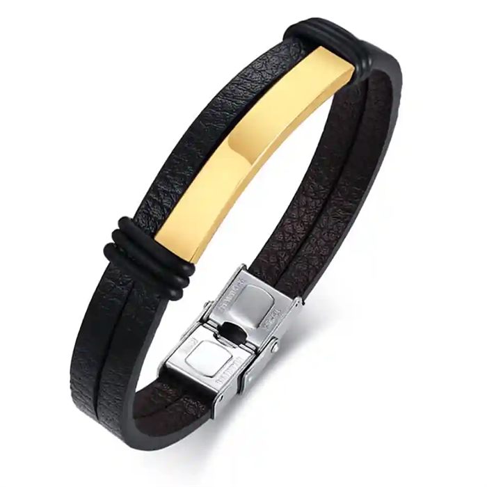 herenarmband van echt leer met verguld roestvrij staal en magnetische sluiting – 20,5 cm