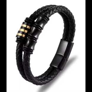 Zwarte herenarmband in echt leer met blackcoated en verguld staal