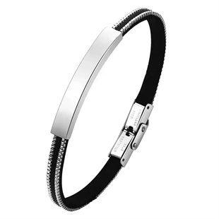 Stijlvolle herenarmband van zwart PU-leer en roestvrij staal
