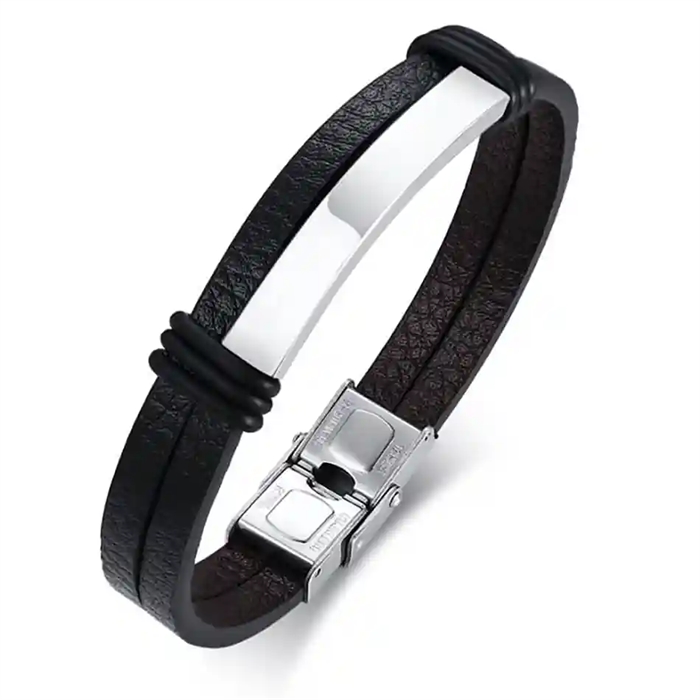 herenarmband van echt leer en roestvrij staal met magneetsluiting – 20,5 cm