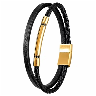Atlas – Herenarmband van zwart leer en verguld staal