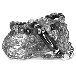 Herenarmband set met zwarte en grijze parels 