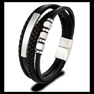 Herenarmband in zwart imitatieleer met roestvrij staal en magneetslot