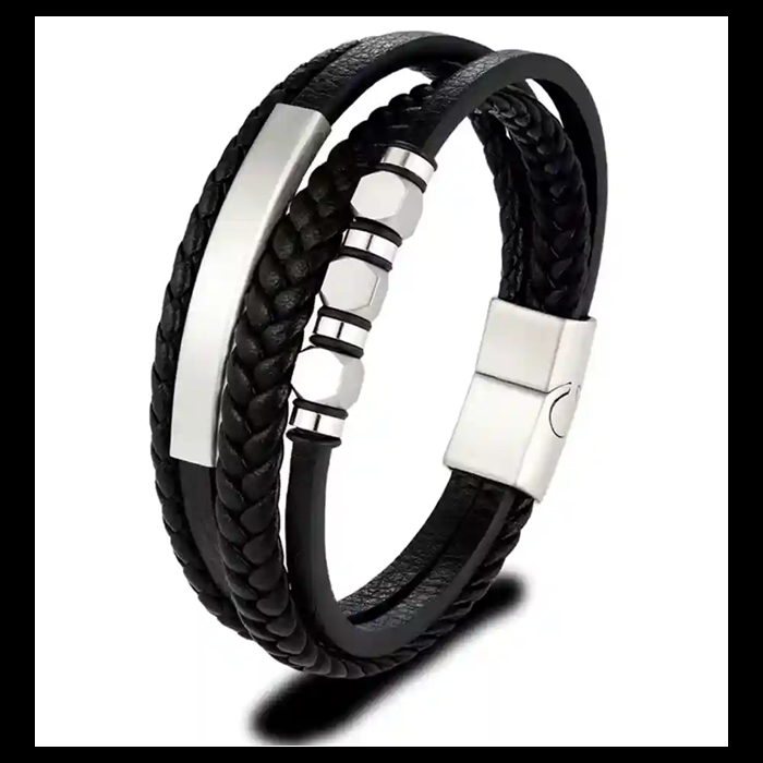 Herenarmband in zwart imitatieleer met roestvrij staal en magneetslot