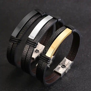 herenarmband van echt leer met verguld roestvrij staal en magnetische sluiting – 20,5 cm