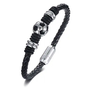 Voetbalarmband in zwart leer met roestvrij stalen bal – herensieraad voor voetbalfans
