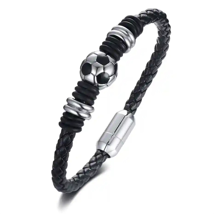 Voetbalarmband in zwart leer met roestvrij stalen bal – herensieraad voor voetbalfans