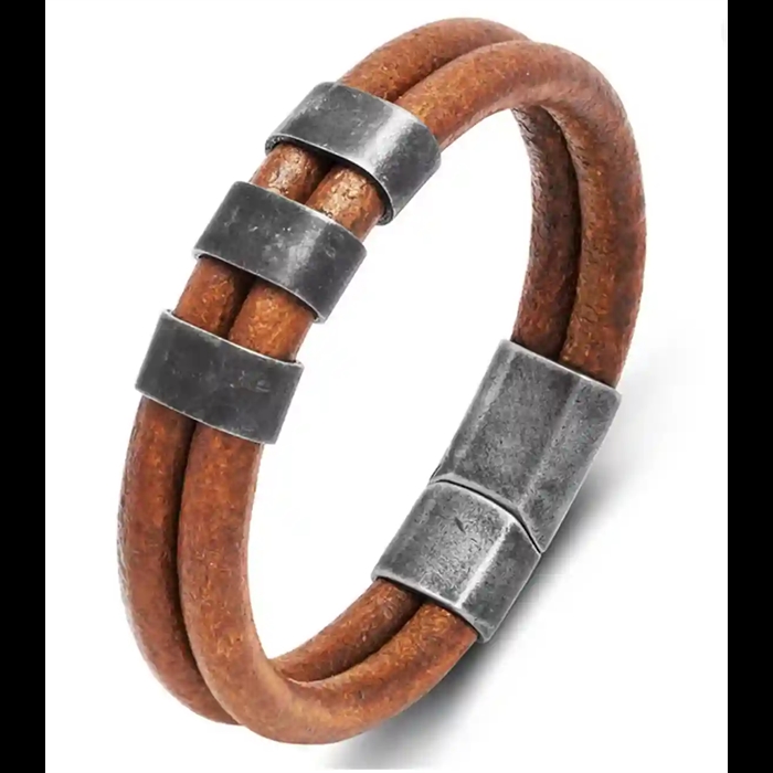 Bruine herenarmband in fiberleer met vintage staal en magneetsluiting – 6 mm banden