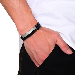 herenarmband van echt leer en roestvrij staal met magneetsluiting – 20,5 cm