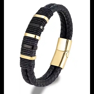 Herenarmband in zwart bololeer met verguld staal en magneetsluiting