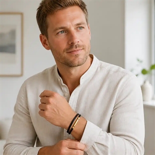 Atlas – Herenarmband van zwart leer en verguld staal