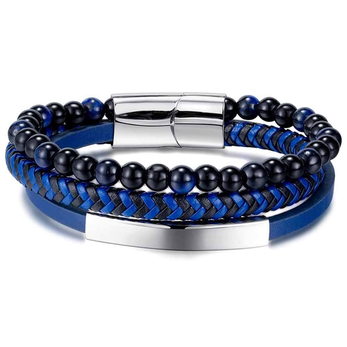 Blauwe armband met leer en parels.