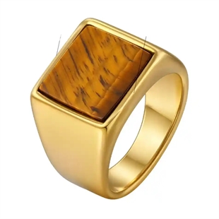 Tijgeroog Heren Ring in Verguld Roestvrij Staal – Vierkante Signet Ring