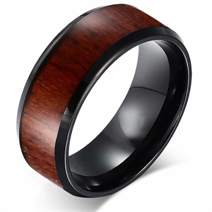 Zwarte Tungsten ring met houtinleg