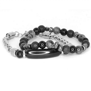 Herenarmband set met zwarte en grijze parels 