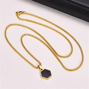 Herenketting Hexa Gold Black van roestvrij staal met zwarte zeshoekige vergulde hanger