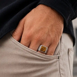 Tijgeroog Herenring van Mat Roestvrij Staal – Vierkante Signet Ring