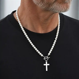 Pearl Cross Necklace – Parelketting voor Mannen in Roestvrij Staal