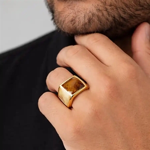 Tijgeroog Heren Ring in Verguld Roestvrij Staal – Vierkante Signet Ring