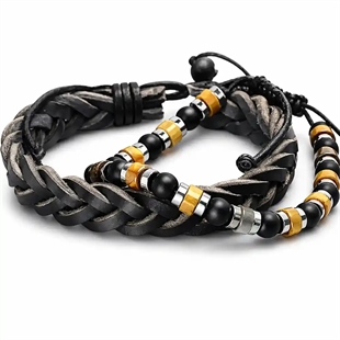 Armbandenset – Leren armband & Parelarmband in mannelijk design