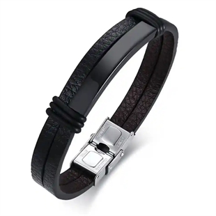 herenarmband van zwart leer met blackcoat roestvrij staal en magneetsluiting – 20,5 cm