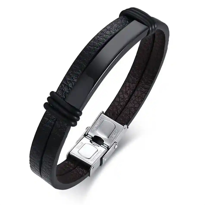 herenarmband van zwart leer met blackcoat roestvrij staal en magneetsluiting – 20,5 cm