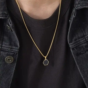 Herenketting Hexa Gold Black van roestvrij staal met zwarte zeshoekige vergulde hanger