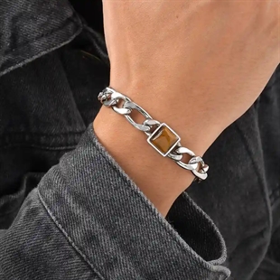 Herenarmband in roestvrij staal met vierkante Tiger Eye-steen en verstelbaar