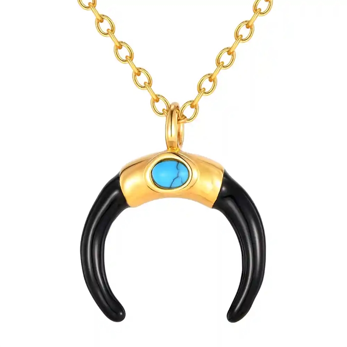 Golden Horn ketting voor mannen in verguld staal met turkoois steen en zwart hoorn – Marjoe.nl