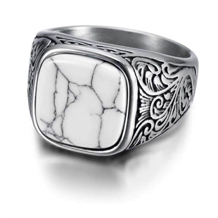 Witte Kubal design ring in roestvrij staal en witte steen.