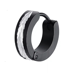 Zwarte roestvrij stalen oorbel met zilverkleurig gegroefd midden – Black Steel Groove Hoop