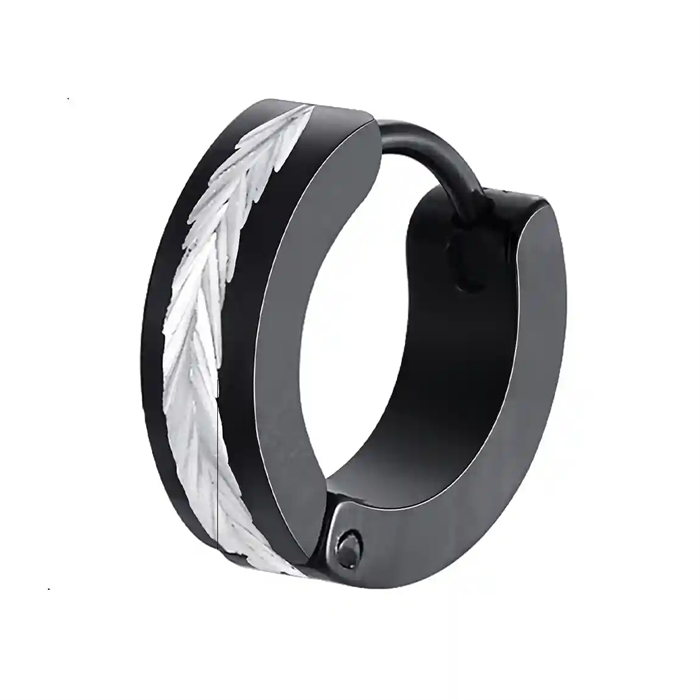 Zwarte roestvrij stalen oorbel met zilverkleurig gegroefd midden – Black Steel Groove Hoop